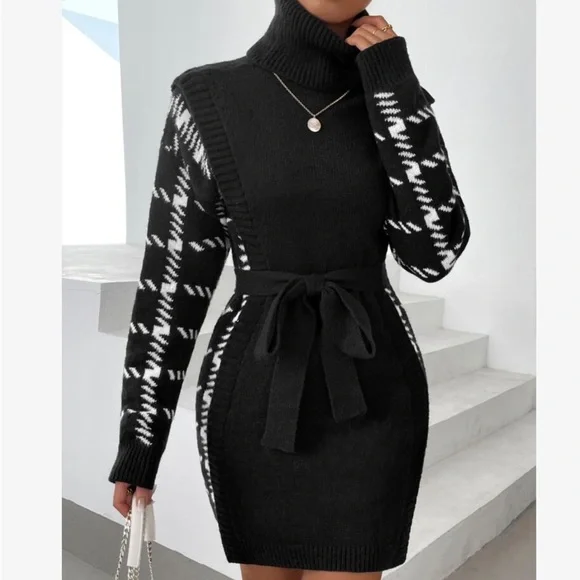 Cozy Houndstooth Pattern Turtle Neck Belted Sweater Dress - Picture 4 of 7